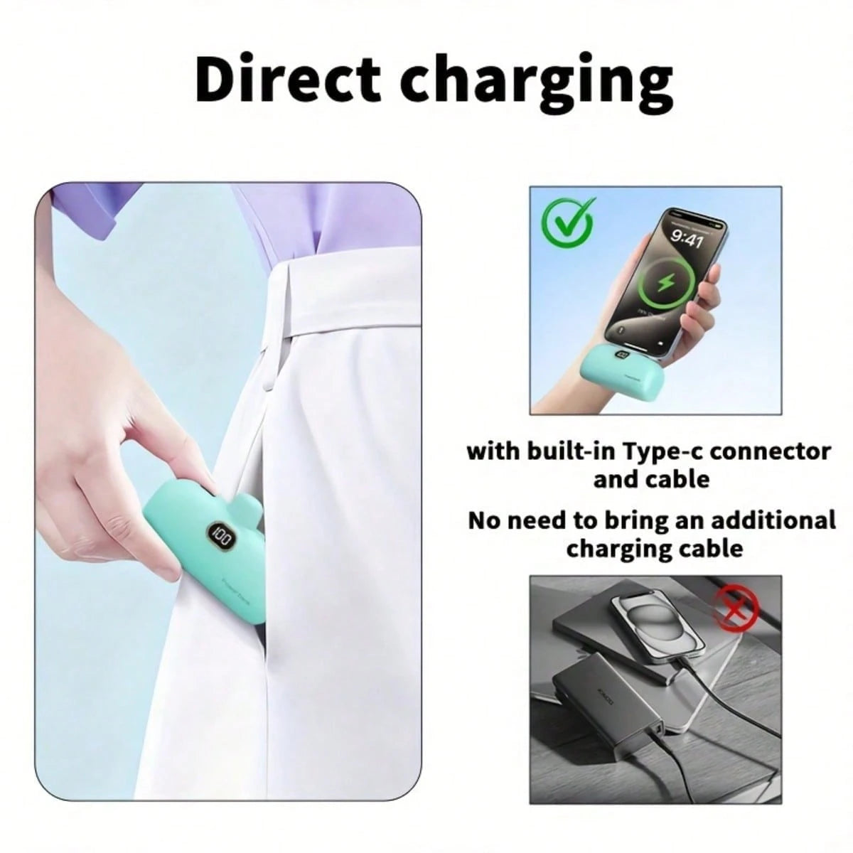 Power Bank With Built-In Cable Portable Power Supply Mini Portable Power Bank Charger Compatible With Iphone – Upgraded 5000mAh 20W PD Fast Charging Battery Pack With Built-In LED Emergency Light & Co
