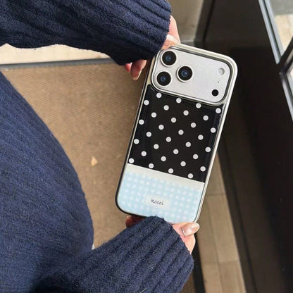 Premium Black & White Polka Dot Blue Plaid Korean Style Epoxy Silver Edge Phone Case Compatible With Apple 17 Pro Max 16 Plus 15 Pro 14 13 Shockproof Protective Cover