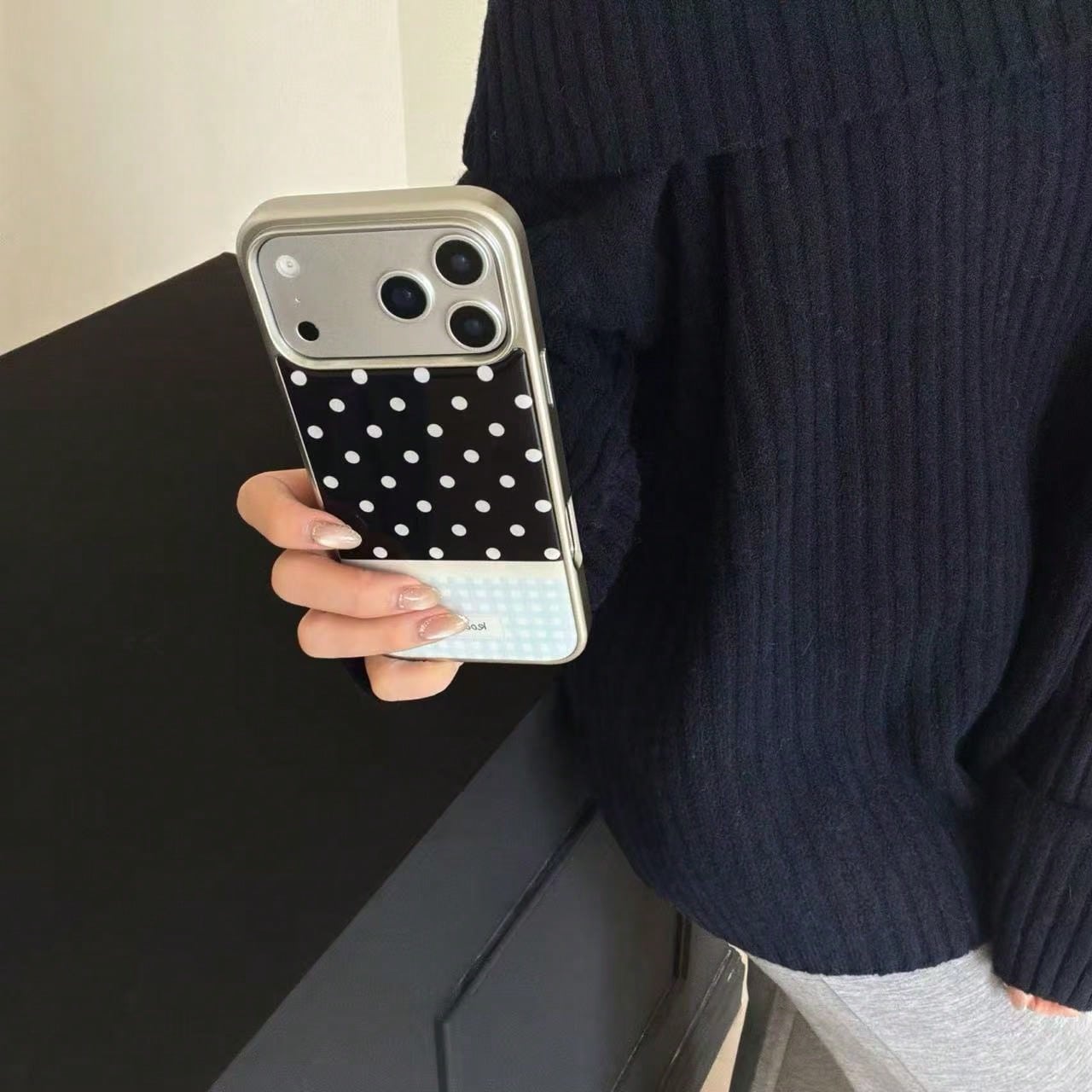 Premium Black & White Polka Dot Blue Plaid Korean Style Epoxy Silver Edge Phone Case Compatible With Apple 17 Pro Max 16 Plus 15 Pro 14 13 Shockproof Protective Cover