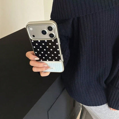 Premium Black & White Polka Dot Blue Plaid Korean Style Epoxy Silver Edge Phone Case Compatible With Apple 17 Pro Max 16 Plus 15 Pro 14 13 Shockproof Protective Cover
