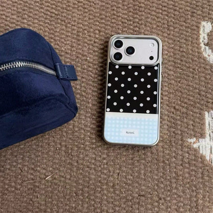 Premium Black & White Polka Dot Blue Plaid Korean Style Epoxy Silver Edge Phone Case Compatible With Apple 17 Pro Max 16 Plus 15 Pro 14 13 Shockproof Protective Cover