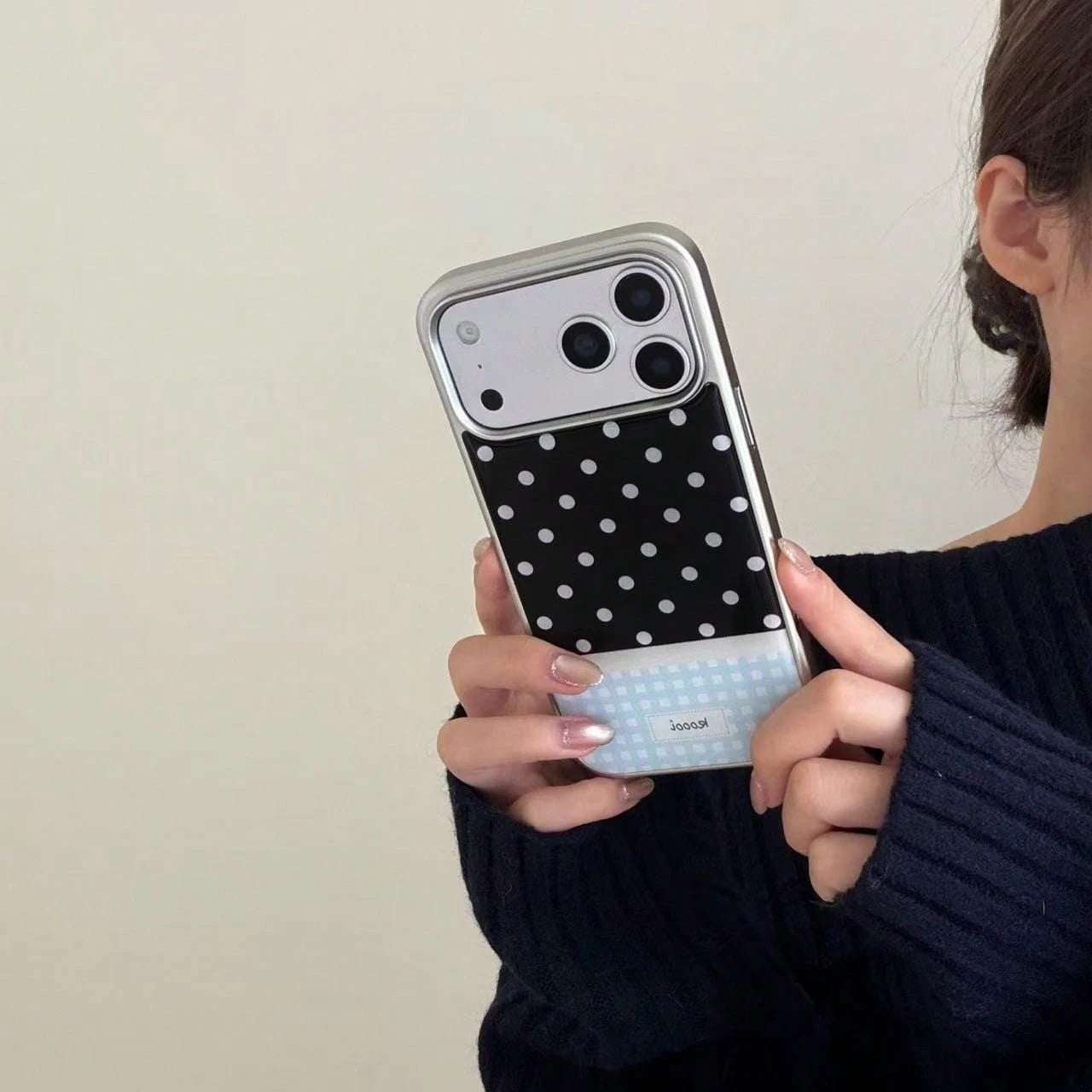Premium Black & White Polka Dot Blue Plaid Korean Style Epoxy Silver Edge Phone Case Compatible With Apple 17 Pro Max 16 Plus 15 Pro 14 13 Shockproof Protective Cover