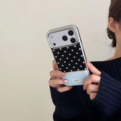 Premium Black & White Polka Dot Blue Plaid Korean Style Epoxy Silver Edge Phone Case Compatible With Apple 17 Pro Max 16 Plus 15 Pro 14 13 Shockproof Protective Cover