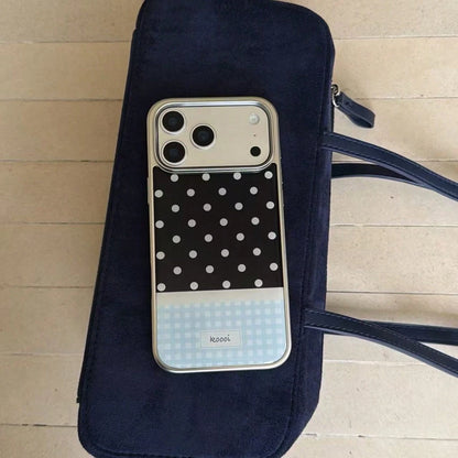 Premium Black & White Polka Dot Blue Plaid Korean Style Epoxy Silver Edge Phone Case Compatible With Apple 17 Pro Max 16 Plus 15 Pro 14 13 Shockproof Protective Cover