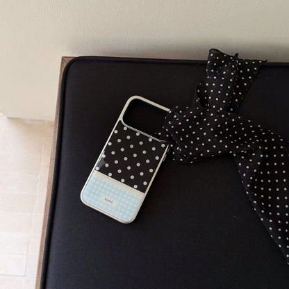 Premium Black & White Polka Dot Blue Plaid Korean Style Epoxy Silver Edge Phone Case Compatible With Apple 17 Pro Max 16 Plus 15 Pro 14 13 Shockproof Protective Cover