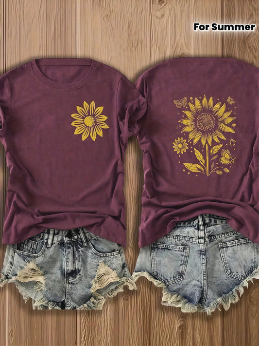 Printed Colored Cotton T-Shirt Comfortable, Stylish With Minimalist Design,INS Style Sunflower And Butterfly Design 100 Percent Cotton Graphic