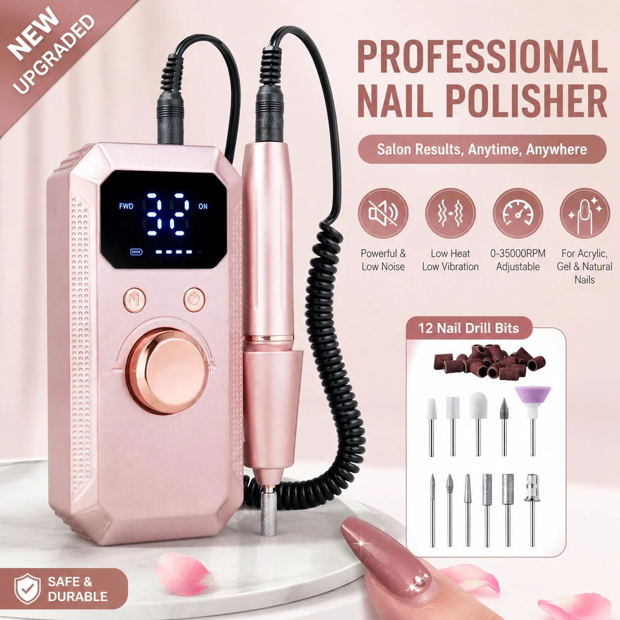 Professional Electric Nail Drill Machine, 32 Adjustable Speeds With LED Display, 11Pcs Drill Bits Nail File For Acrylic Gel Nails Dip Powder Polish Shaping Polishing Removing, Pink Gold