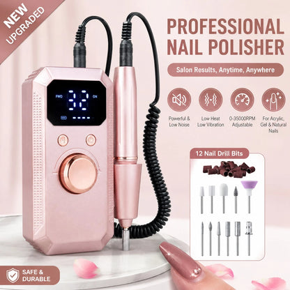 Professional Electric Nail Drill Machine, 32 Adjustable Speeds With LED Display, 11Pcs Drill Bits Nail File For Acrylic Gel Nails Dip Powder Polish Shaping Polishing Removing, Pink Gold