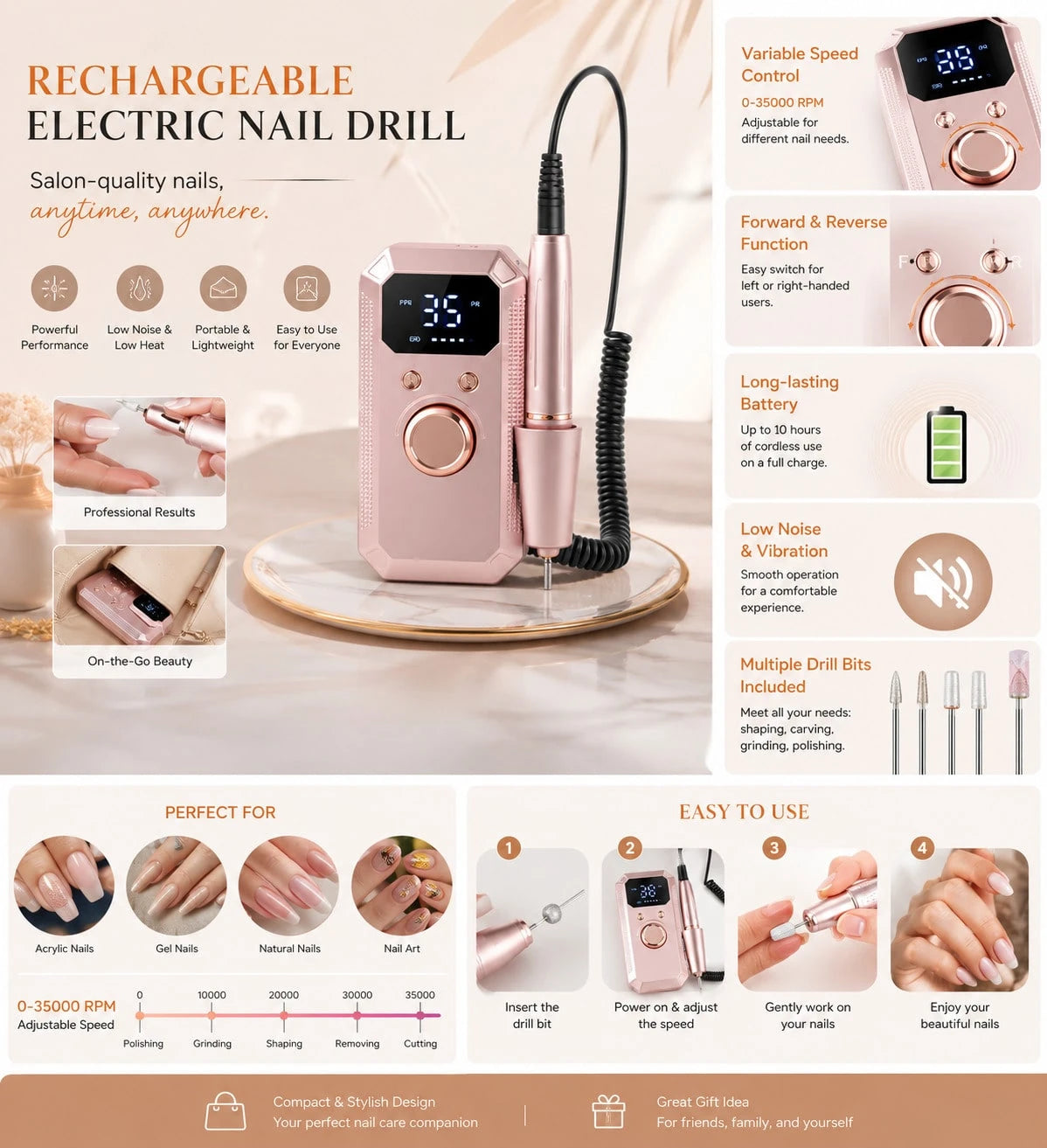 Professional Electric Nail Drill Machine, 32 Adjustable Speeds With LED Display, 11Pcs Drill Bits Nail File For Acrylic Gel Nails Dip Powder Polish Shaping Polishing Removing, Pink Gold