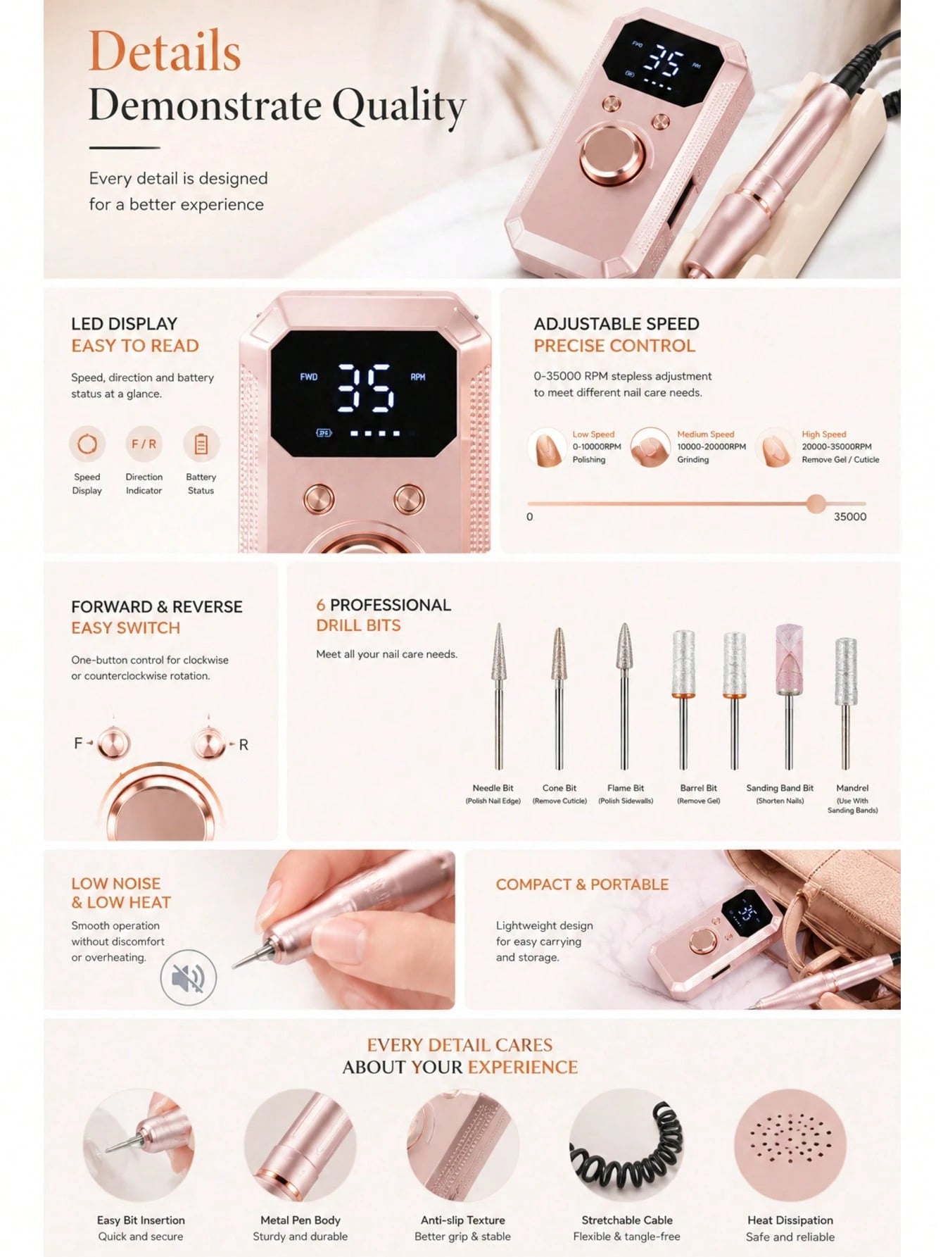 Professional Electric Nail Drill Machine, 32 Adjustable Speeds With LED Display, 11Pcs Drill Bits Nail File For Acrylic Gel Nails Dip Powder Polish Shaping Polishing Removing, Pink Gold
