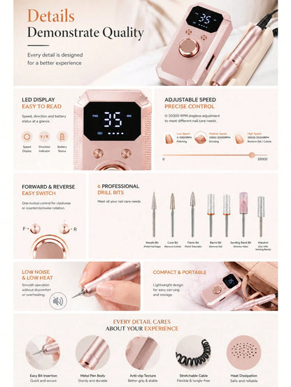 Professional Electric Nail Drill Machine, 32 Adjustable Speeds With LED Display, 11Pcs Drill Bits Nail File For Acrylic Gel Nails Dip Powder Polish Shaping Polishing Removing, Pink Gold