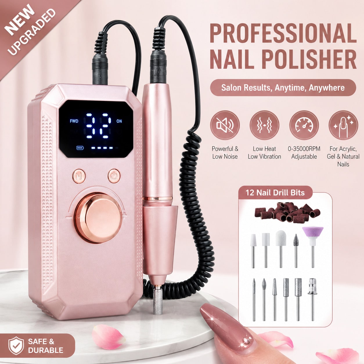 Professional Electric Nail Drill Machine, 32 Adjustable Speeds With LED Display, 11Pcs Drill Bits Nail File For Acrylic Gel Nails Dip Powder Polish Shaping Polishing Removing, Pink Gold