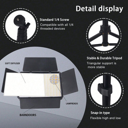 Professional LED Studio Light With Adjustable 130cm Tripod- 22.5x16cm Square Fill Light, Used For Photography, Live Streaming, And Meetings. USB Power Supply. Compatible With IOS And Android Systems.