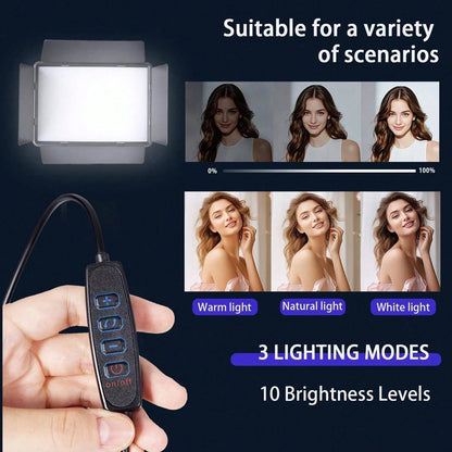 Professional LED Studio Light With Adjustable 130cm Tripod- 22.5x16cm Square Fill Light, Used For Photography, Live Streaming, And Meetings. USB Power Supply. Compatible With IOS And Android Systems.