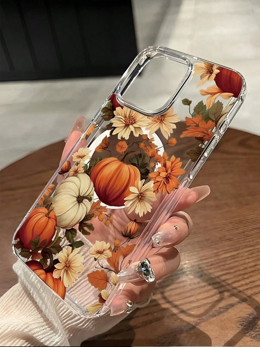 Pumpkin Flowers, Autumn Leaves Magnetic Attraction Phone Case Suitable For Compatible With Iphone17,16, 15, 14, 13, 12, 11, PRO MAX, XS MAX, XS, X, PLUS,As Well As,Galaxy S25/24/23/22 Ultra/ Edge/FE