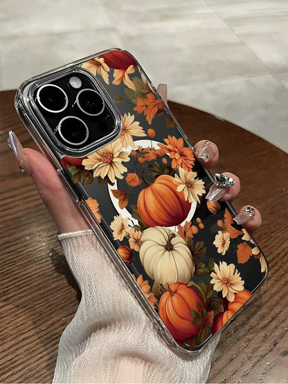 Pumpkin Flowers, Autumn Leaves Magnetic Attraction Phone Case Suitable For Compatible With Iphone17,16, 15, 14, 13, 12, 11, PRO MAX, XS MAX, XS, X, PLUS,As Well As,Galaxy S25/24/23/22 Ultra/ Edge/FE