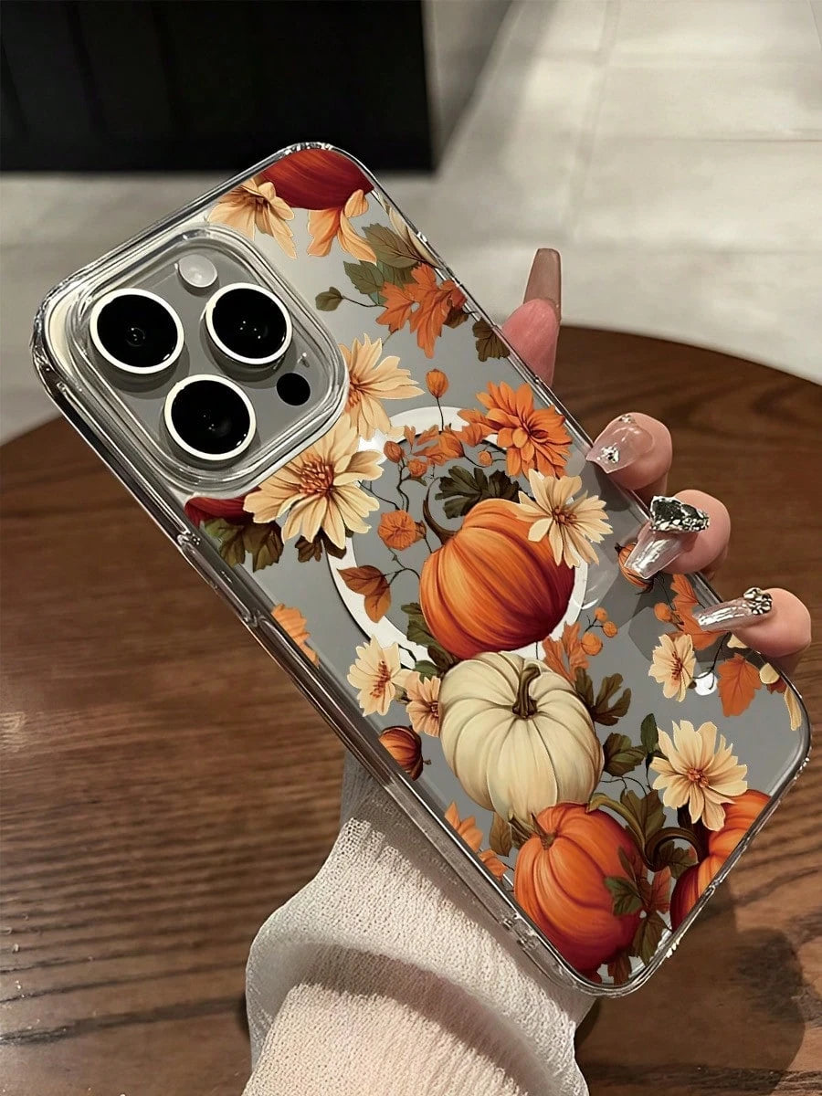 Pumpkin Flowers, Autumn Leaves Magnetic Attraction Phone Case Suitable For Compatible With Iphone17,16, 15, 14, 13, 12, 11, PRO MAX, XS MAX, XS, X, PLUS,As Well As,Galaxy S25/24/23/22 Ultra/ Edge/FE