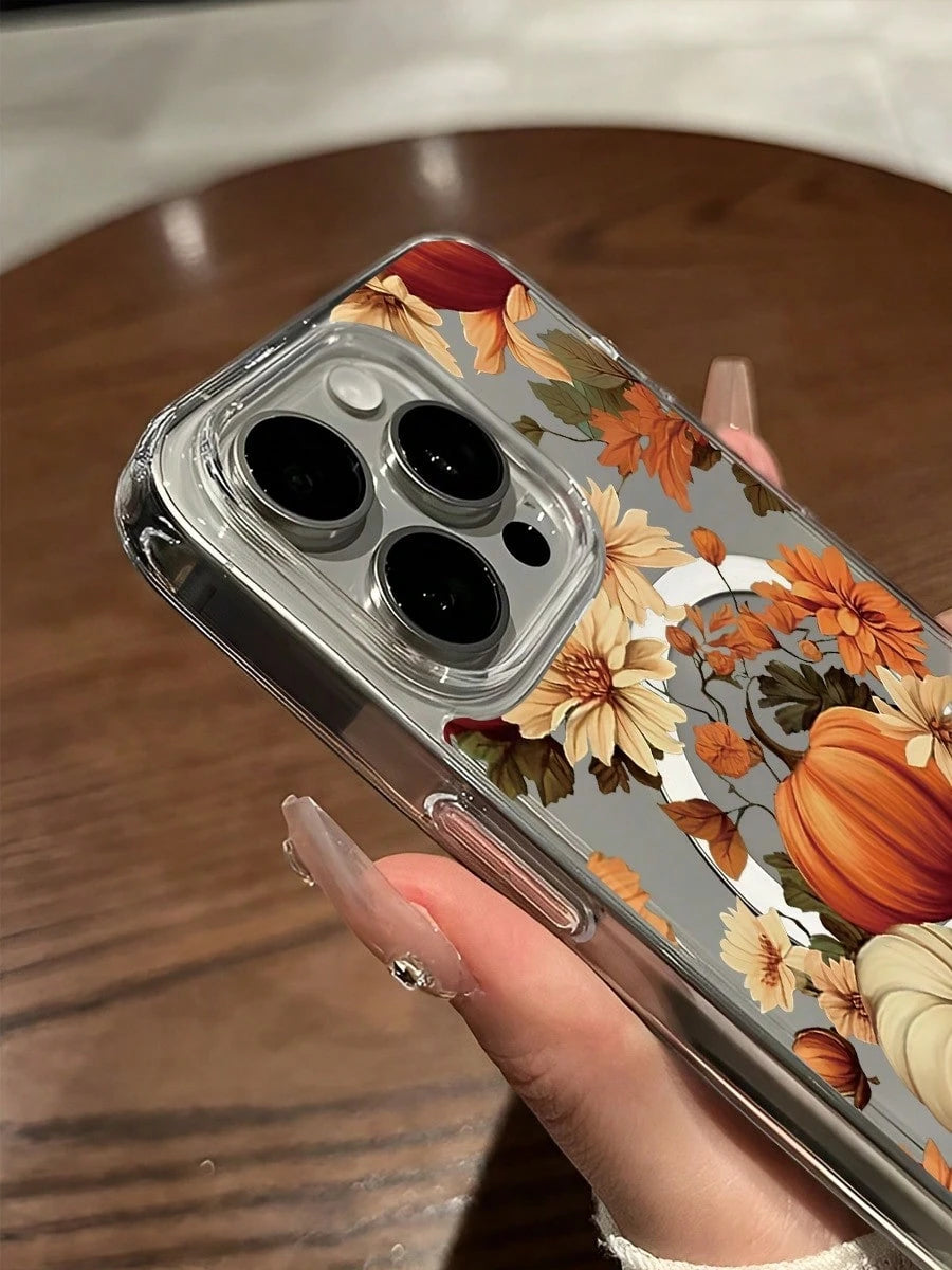 Pumpkin Flowers, Autumn Leaves Magnetic Attraction Phone Case Suitable For Compatible With Iphone17,16, 15, 14, 13, 12, 11, PRO MAX, XS MAX, XS, X, PLUS,As Well As,Galaxy S25/24/23/22 Ultra/ Edge/FE