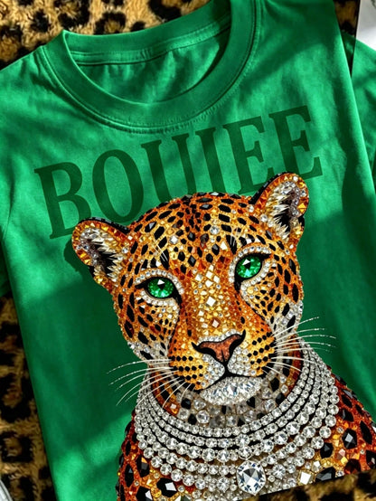 Pure Cotton Loose Fit Boujee Leopard Print T Shirt With Rhinestone Print Embellished Animal Design Glamorous Sparkly Graphic Tee For Women Fashion Ca