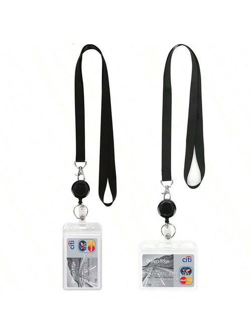 PVC Simple ID Card Sleeve, Black Lanyard With Retractable Easy-To-Pull Buckle, Badge Reel