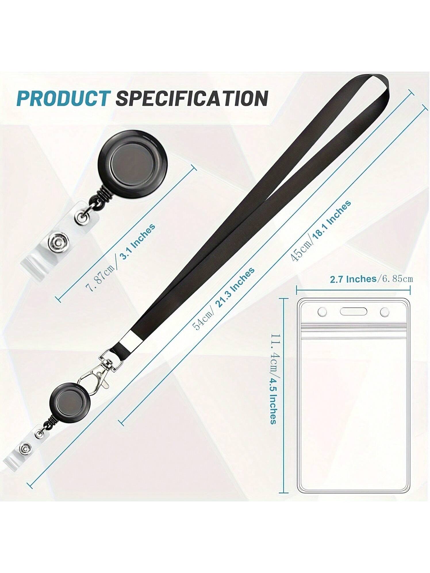 PVC Simple ID Card Sleeve, Black Lanyard With Retractable Easy-To-Pull Buckle, Badge Reel
