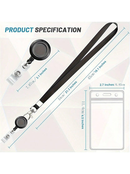 PVC Simple ID Card Sleeve, Black Lanyard With Retractable Easy-To-Pull Buckle, Badge Reel