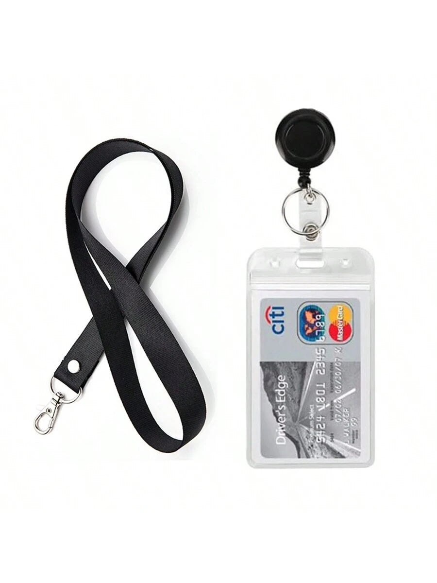 PVC Simple ID Card Sleeve, Black Lanyard With Retractable Easy-To-Pull Buckle, Badge Reel