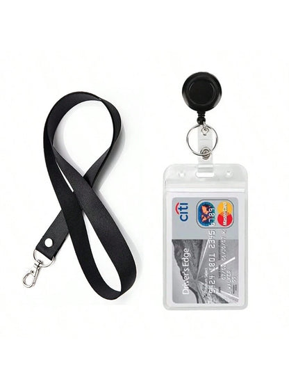 PVC Simple ID Card Sleeve, Black Lanyard With Retractable Easy-To-Pull Buckle, Badge Reel