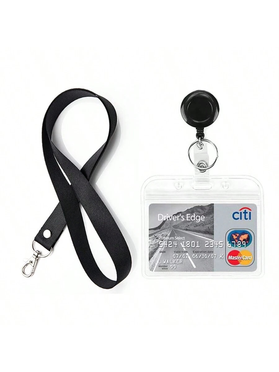 PVC Simple ID Card Sleeve, Black Lanyard With Retractable Easy-To-Pull Buckle, Badge Reel