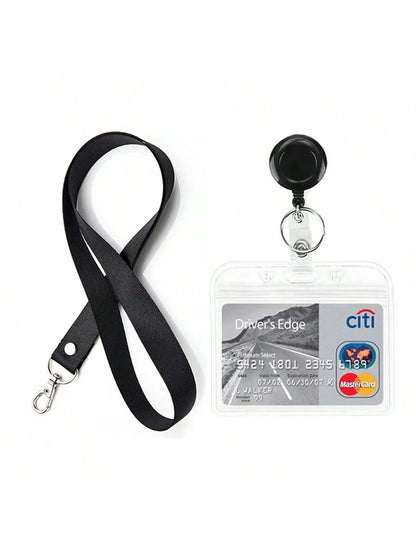 PVC Simple ID Card Sleeve, Black Lanyard With Retractable Easy-To-Pull Buckle, Badge Reel