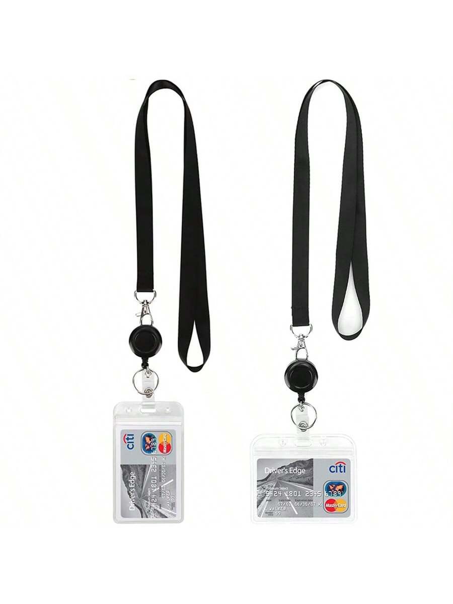 PVC Simple ID Card Sleeve, Black Lanyard With Retractable Easy-To-Pull Buckle, Badge Reel