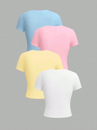 Qadelle 4pcs Women Solid Color Crop Fitted Crew Neck Short Sleeve T-Shirts
