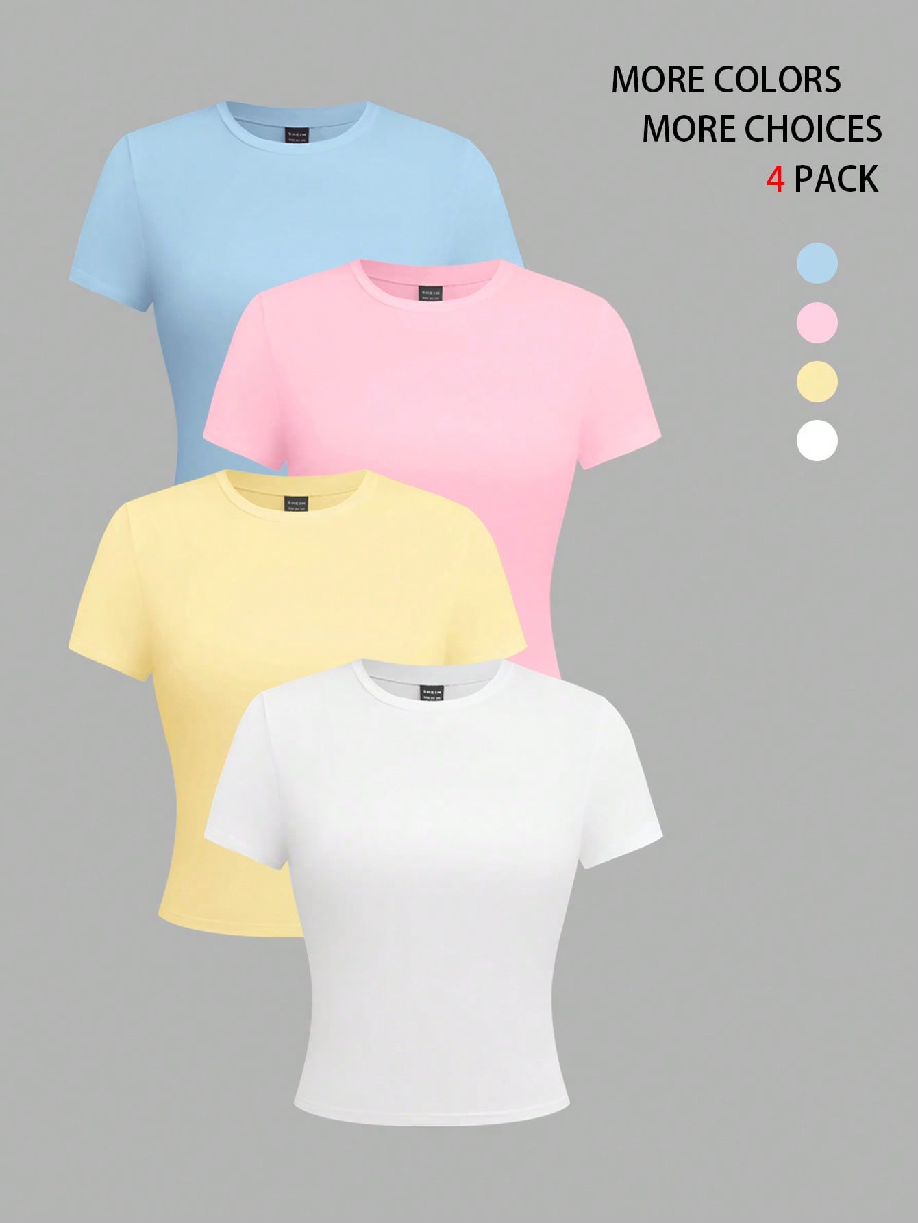 Qadelle 4pcs Women Solid Color Crop Fitted Crew Neck Short Sleeve T-Shirts