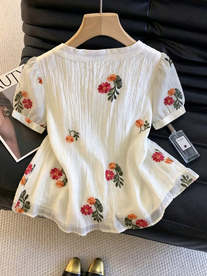 Qadelle Summer New Delicate Fresh Floral Embroidery Textured Women Round Neck Blouse