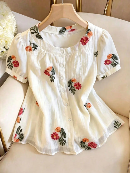 Qadelle Summer New Delicate Fresh Floral Embroidery Textured Women Round Neck Blouse