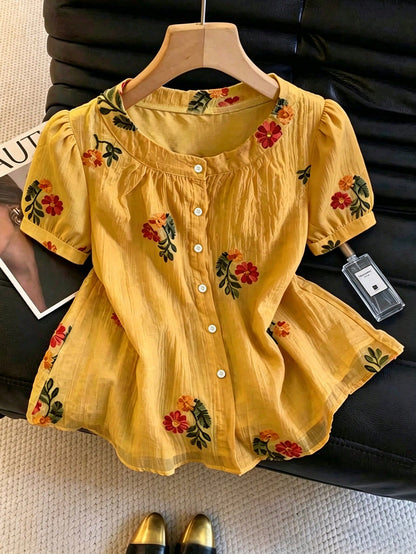 Qadelle Summer New Delicate Fresh Floral Embroidery Textured Women Round Neck Blouse