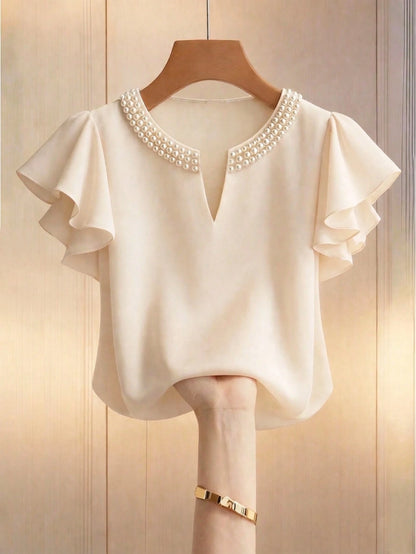Qadelle Women's Elegant Elegante Pearl Neckline Blouse, Ruffle Short Sleeve V-Neck Top, Solid White Casual Office Brunch Wear For Ladies Summer