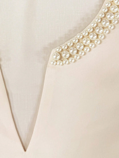 Qadelle Women's Elegant Elegante Pearl Neckline Blouse, Ruffle Short Sleeve V-Neck Top, Solid White Casual Office Brunch Wear For Ladies Summer