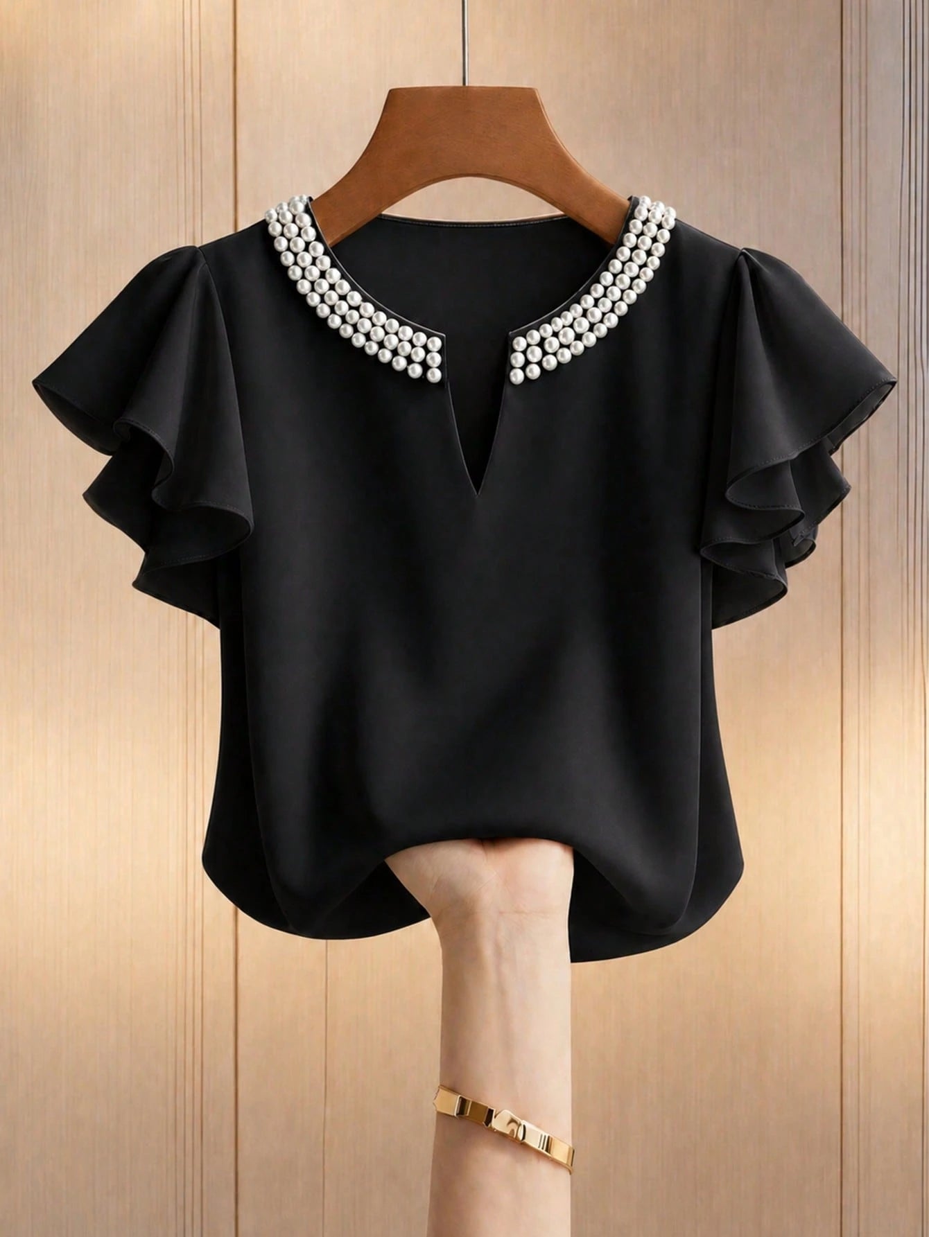 Qadelle Women's Elegant Elegante Pearl Neckline Blouse, Ruffle Short Sleeve V-Neck Top, Solid White Casual Office Brunch Wear For Ladies Summer