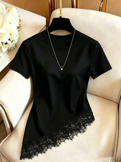 Qadelle Women's Solid Color Round Neck Short Sleeve Lace Hem Fashion T-Shirt