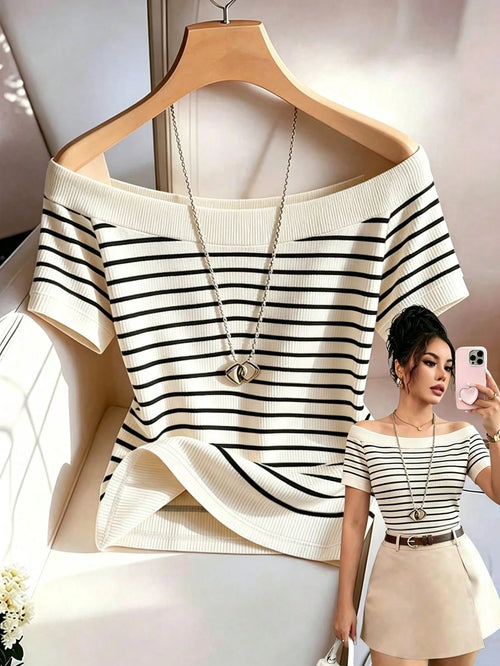 Rafferiza Elegant Fashionable Off-Shoulder Striped Print Slim Fit Commuter Daily Versatile Business Professional Travel Date Single Party Women's T-Shirt