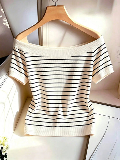 Rafferiza Elegant Fashionable Off-Shoulder Striped Print Slim Fit Commuter Daily Versatile Business Professional Travel Date Single Party Women's T-Shirt