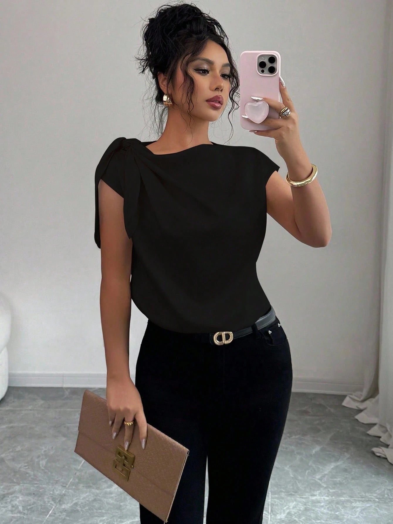 Rafferiza Elegant Solid Color Satin Shirt, Women's Summer Lightweight Sophisticated Twist Lapel Blouse