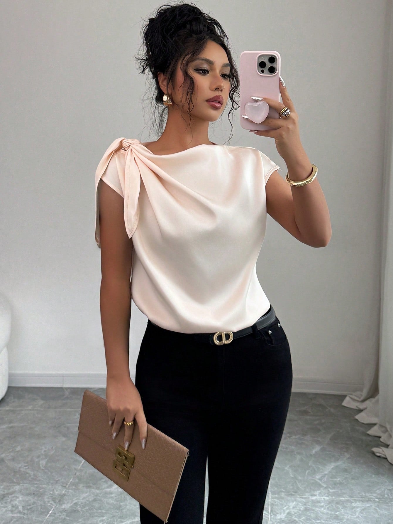 Rafferiza Elegant Solid Color Satin Shirt, Women's Summer Lightweight Sophisticated Twist Lapel Blouse