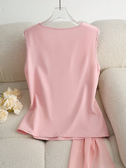 Rafferiza Soft Pink Elegant Women's French Style Chiffon Shirt,Summer Tea Party Sleeveless Top With Metal Buckle Hanging Tie,Gentle Vacation Beach Wear