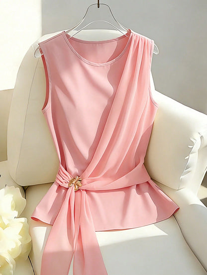 Rafferiza Soft Pink Elegant Women's French Style Chiffon Shirt,Summer Tea Party Sleeveless Top With Metal Buckle Hanging Tie,Gentle Vacation Beach Wear