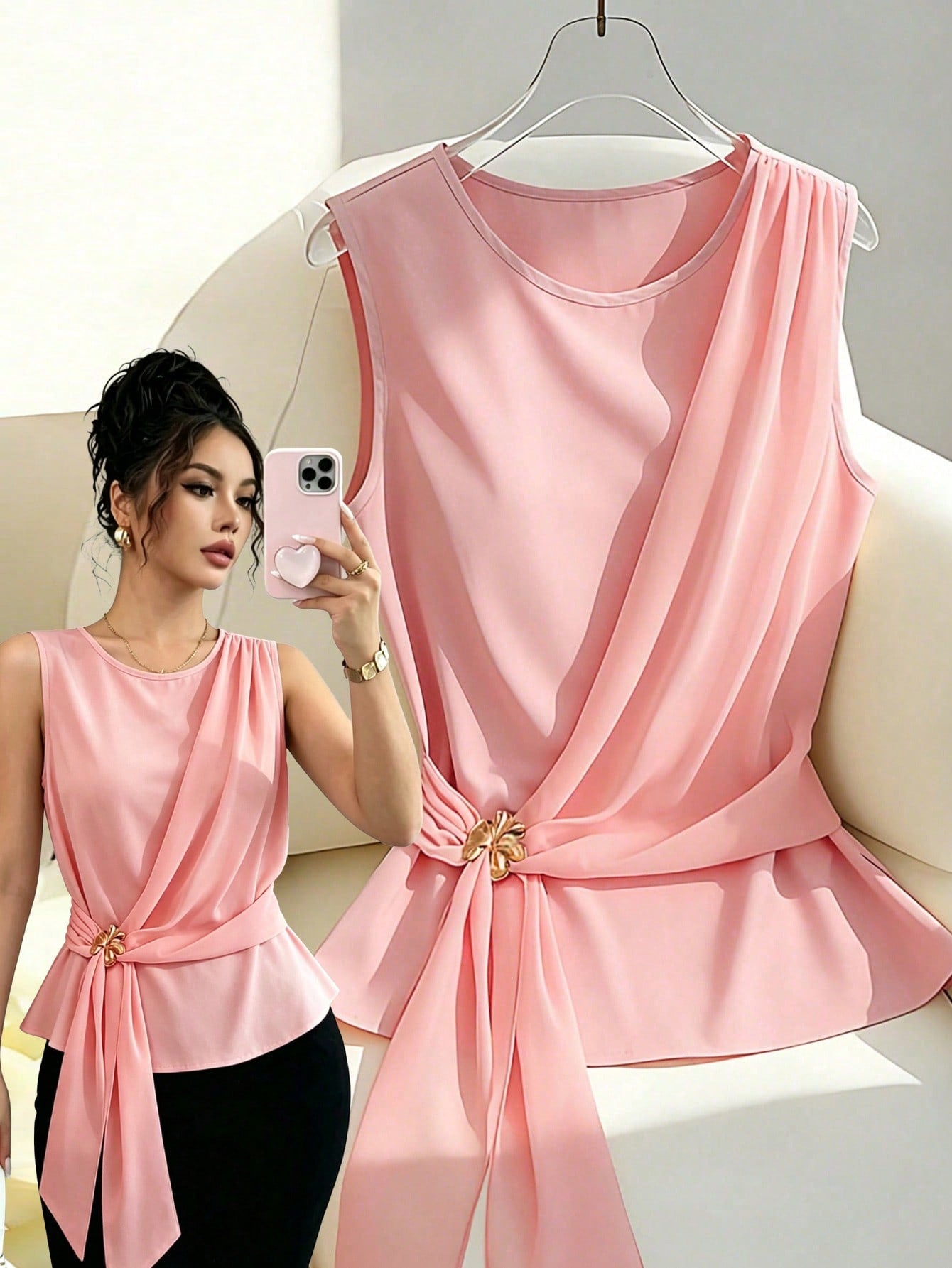 Rafferiza Soft Pink Elegant Women's French Style Chiffon Shirt,Summer Tea Party Sleeveless Top With Metal Buckle Hanging Tie,Gentle Vacation Beach Wear