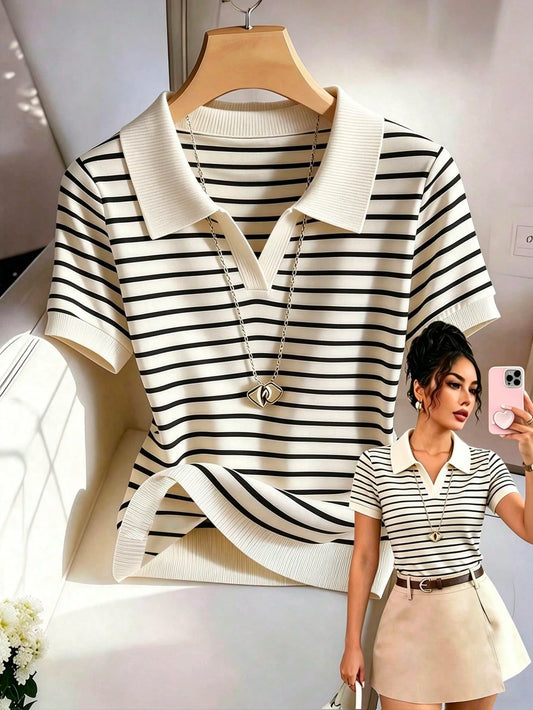 Rafferiza Women's Black And White Checkered Polo Collar Short-Sleeved T-Shirt, Summer Casual Preppy Office School Back-To-School Beach Outing Y2K Country Style