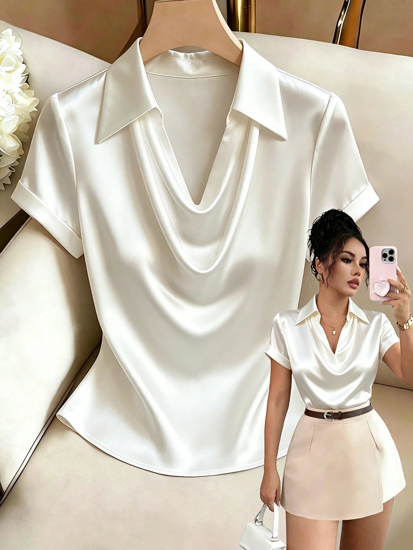 Rafferiza Women's Elegant French-Style Satin Short-Sleeved Shirt,Off-White Cowl Collar Summer Top,Office Work Business Attire,Formal Graduation Casual Wear