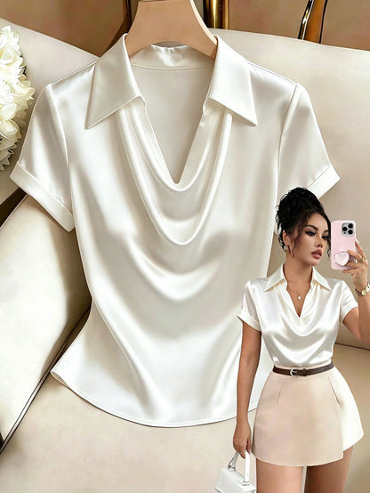 Rafferiza Women's Elegant French-Style Satin Short-Sleeved Shirt,Off-White Cowl Collar Summer Top,Office Work Business Attire,Formal Graduation Casual Wear